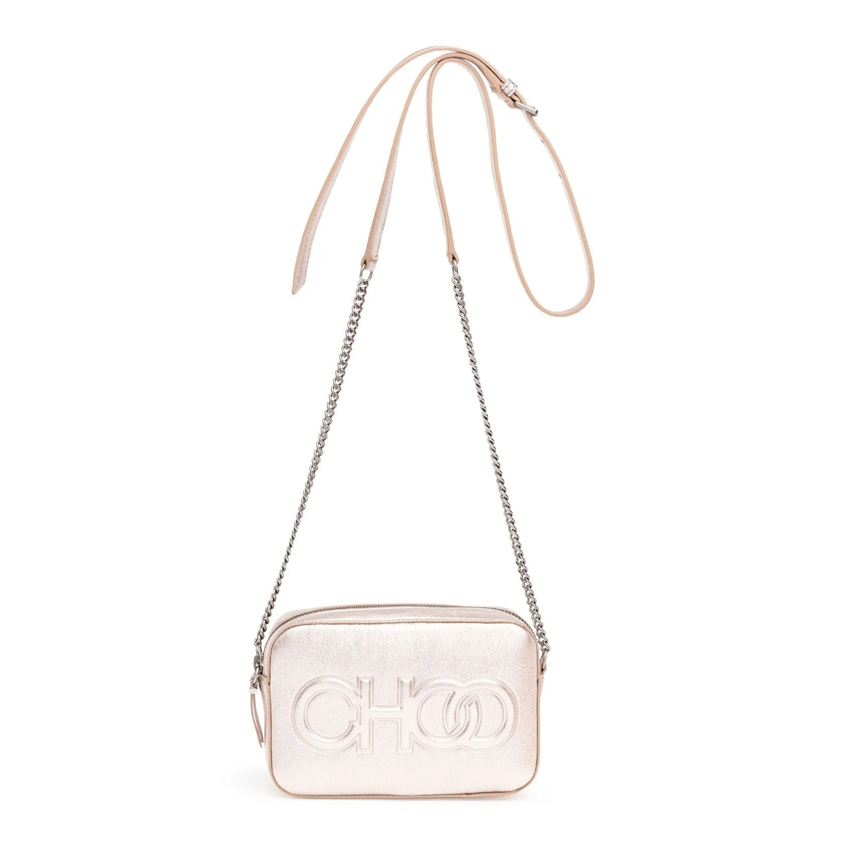Platinum metallic nappa leather embossed logo camera bag