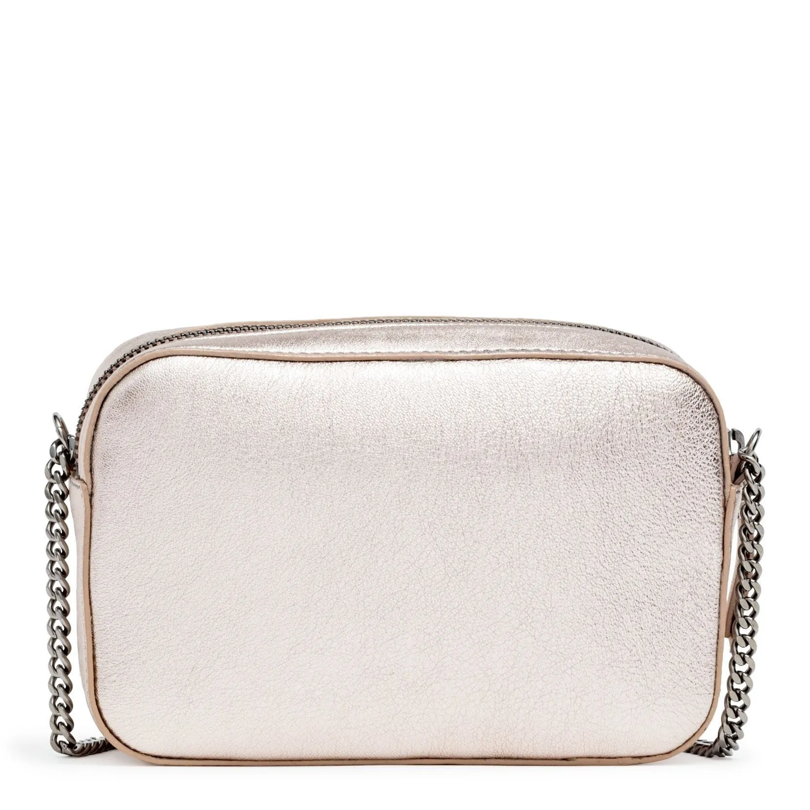 Platinum metallic nappa leather embossed logo camera bag