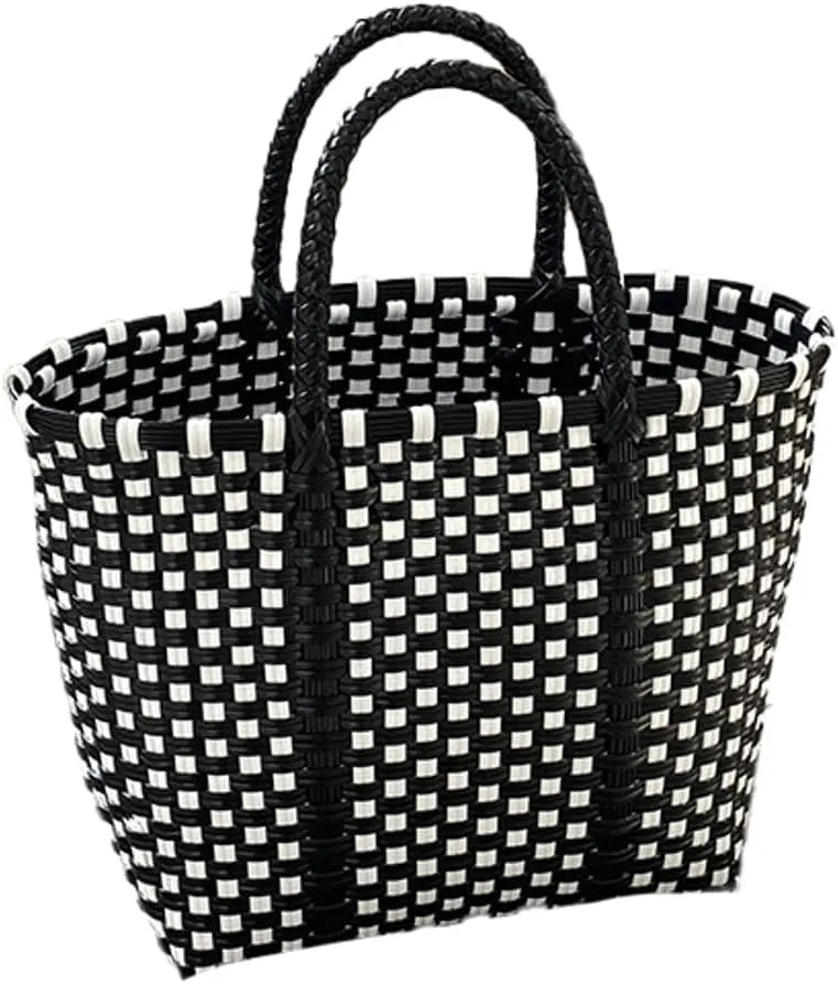 Pocadri Handwoven Tote Bag for Women Straw Purse PVC Summer Beach Bag Rattan Woven Cute Shopping Handbag Color Block