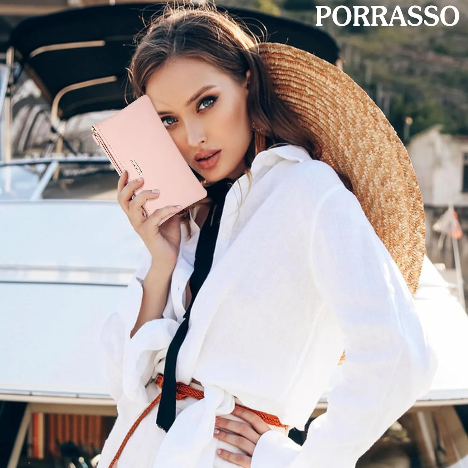 PORRASSO Wristlet Bag Touch Screen Phone Bag Portable Wallet Women's Clutch Purse PU Wallet Pink