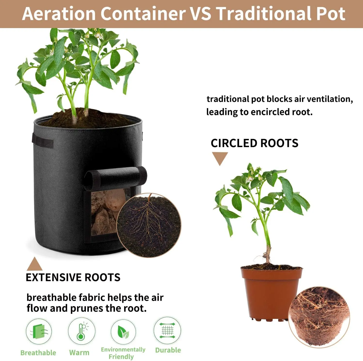 Potato Planter Bags 3-Pack 10 Gallons Grow Bags Aeration Tomato Plant Pots with Flap and Handles (Black)