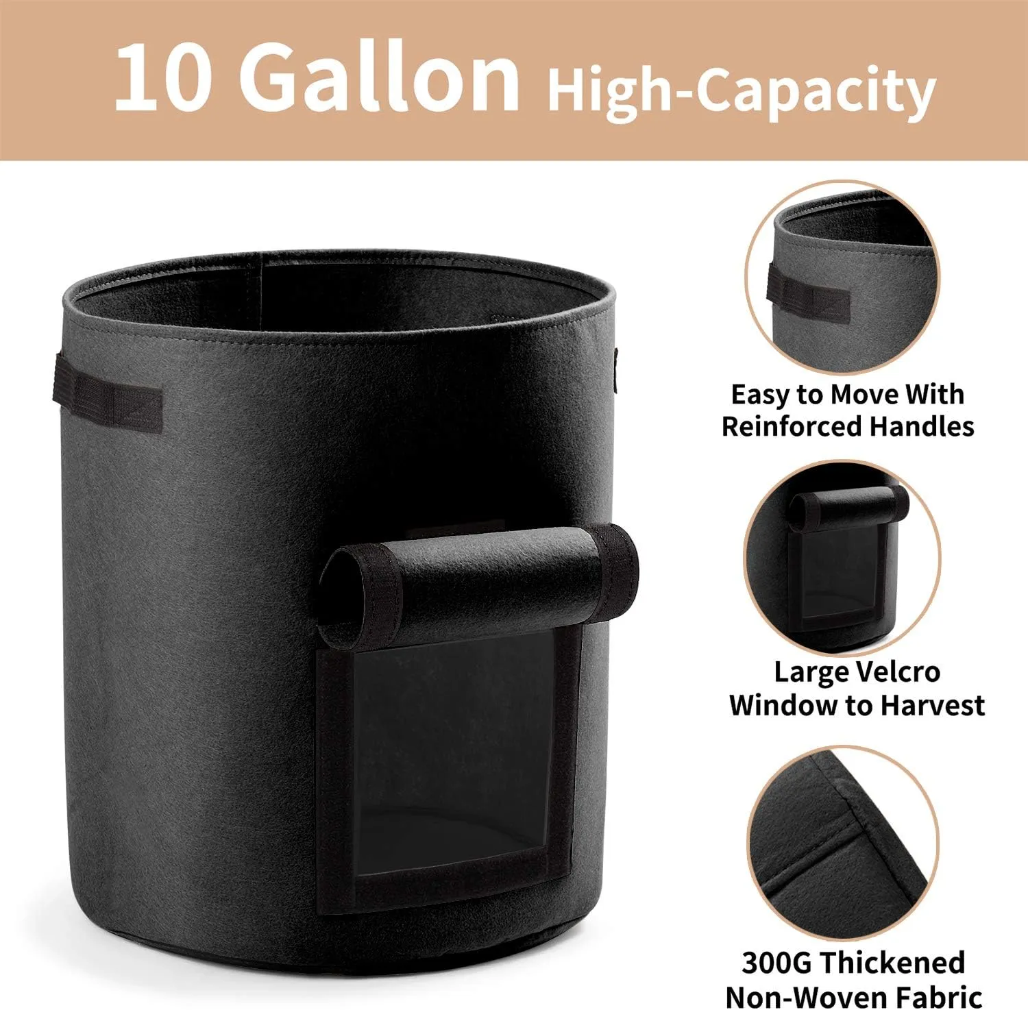 Potato Planter Bags 3-Pack 10 Gallons Grow Bags Aeration Tomato Plant Pots with Flap and Handles (Black)