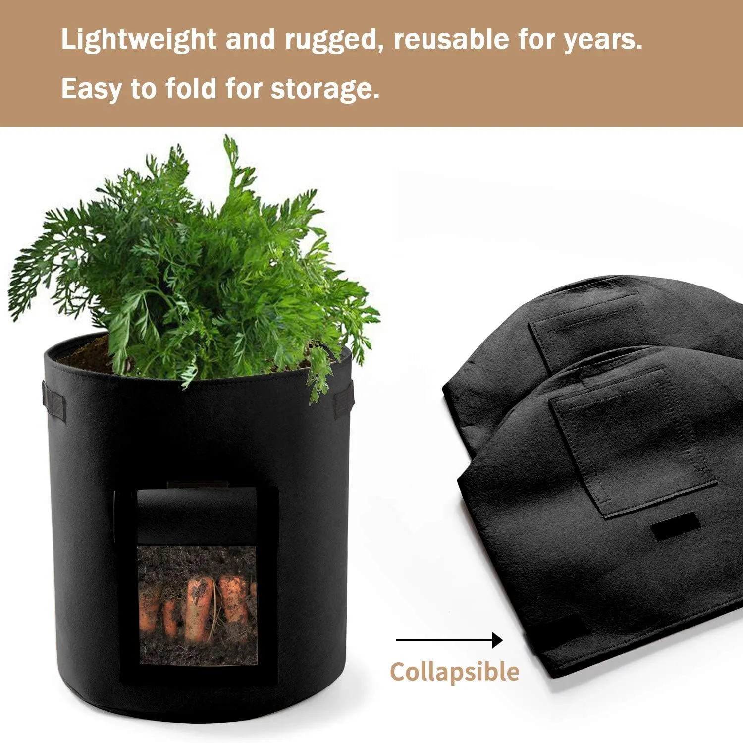 Potato Planter Bags 3-Pack 10 Gallons Grow Bags Aeration Tomato Plant Pots with Flap and Handles (Black)