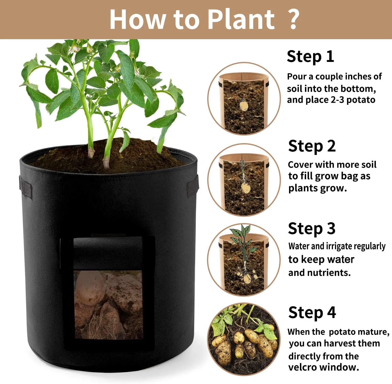 Potato Planter Bags 3-Pack 10 Gallons Grow Bags Aeration Tomato Plant Pots with Flap and Handles (Black)