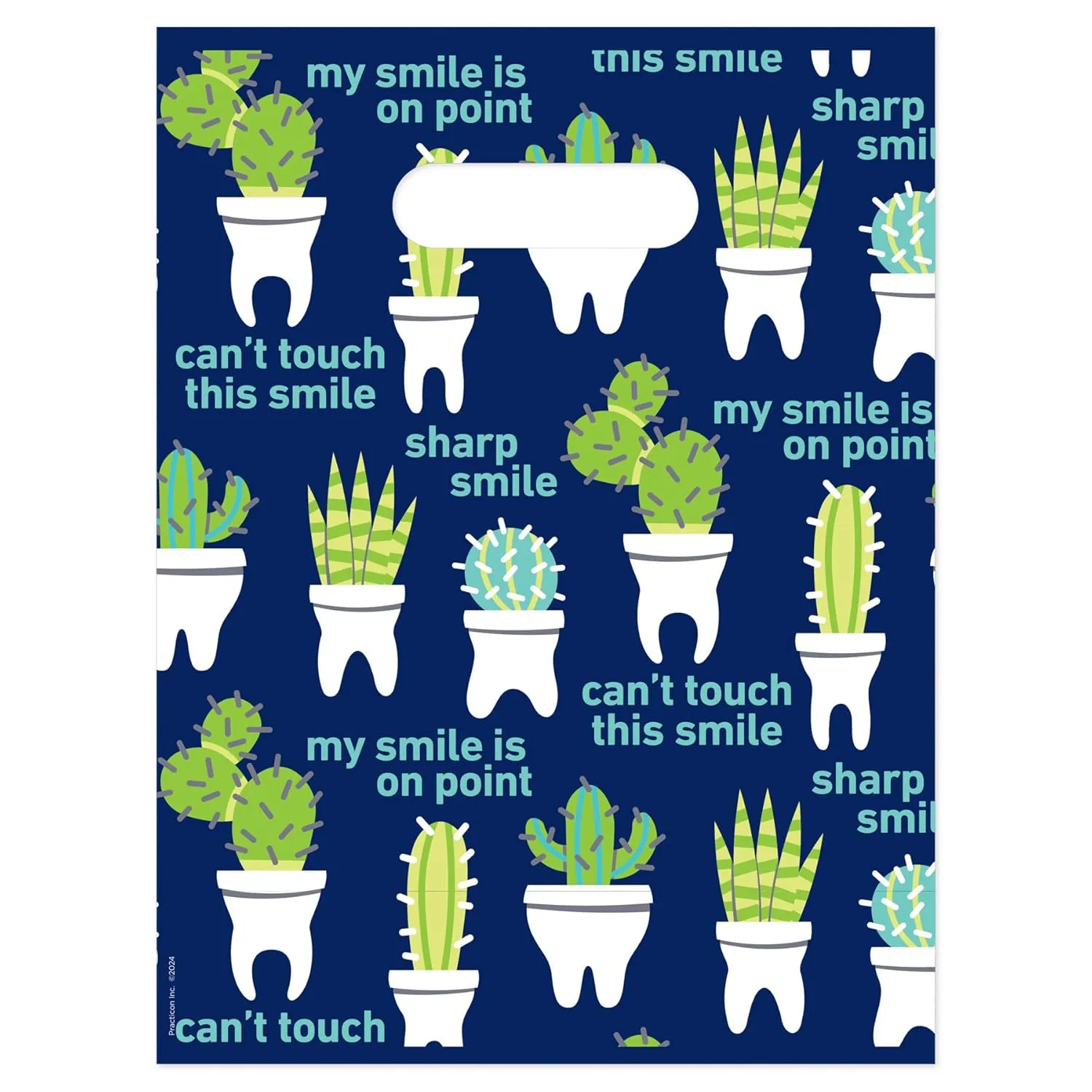 Practicon Cactus Teeth 9" x 12" Dental Giveaway Bag, Dental Hygiene Patient Care Goodie Bag, Dentist Office Plastic Gift Bags, 100 Pack
