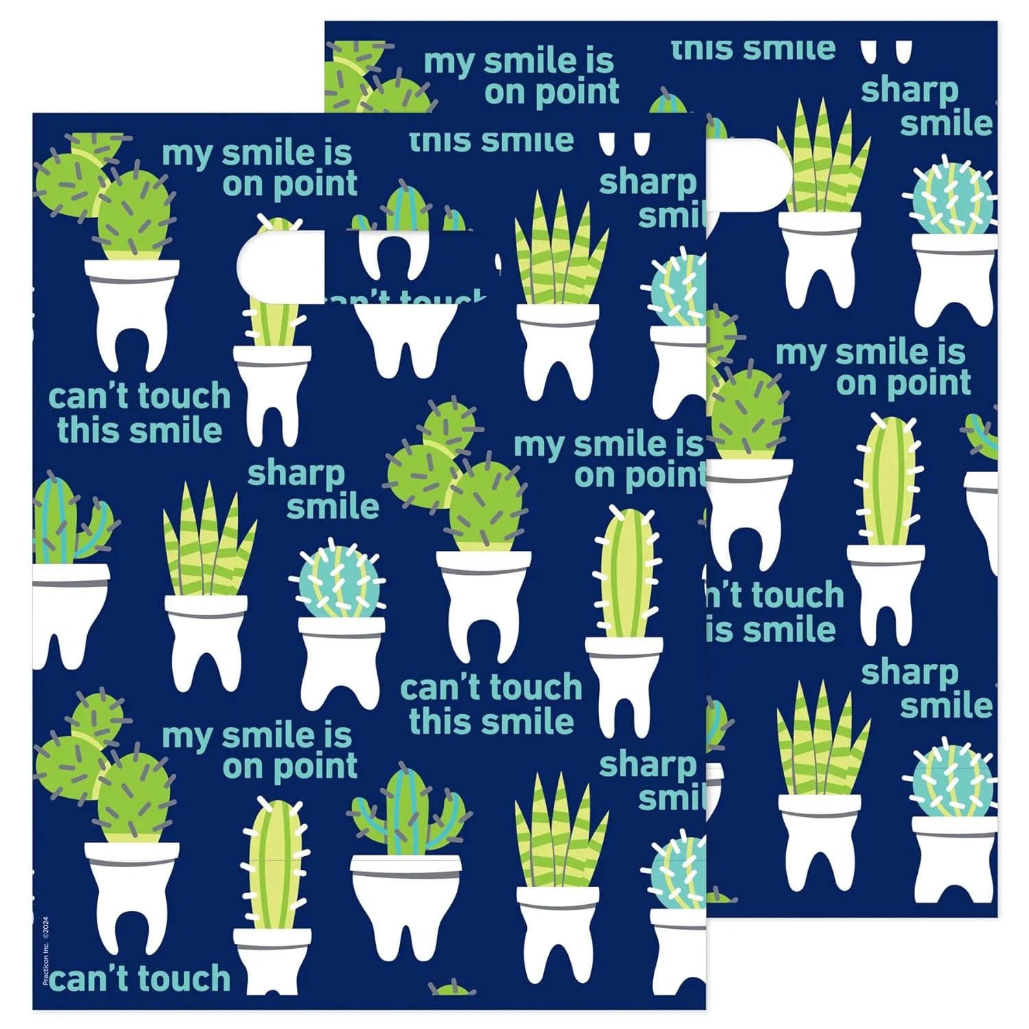 Practicon Cactus Teeth 9" x 12" Dental Giveaway Bag, Dental Hygiene Patient Care Goodie Bag, Dentist Office Plastic Gift Bags, 100 Pack