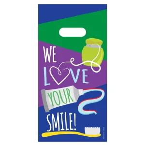 Practicon We Love Your Smile 6" x 12" Dental Giveaway Bag, Dental Hygiene Patient Care Goodie Bag, Dentist Office Plastic Gift Bags, 100 Pack