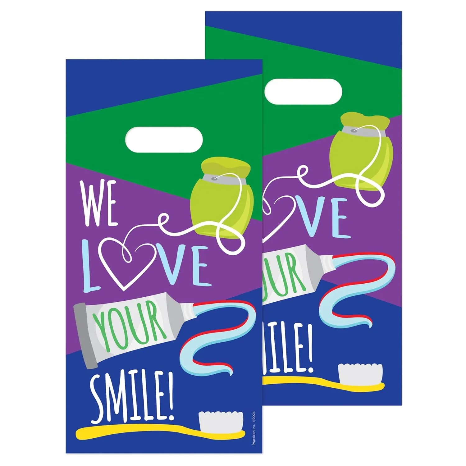 Practicon We Love Your Smile 6" x 12" Dental Giveaway Bag, Dental Hygiene Patient Care Goodie Bag, Dentist Office Plastic Gift Bags, 100 Pack