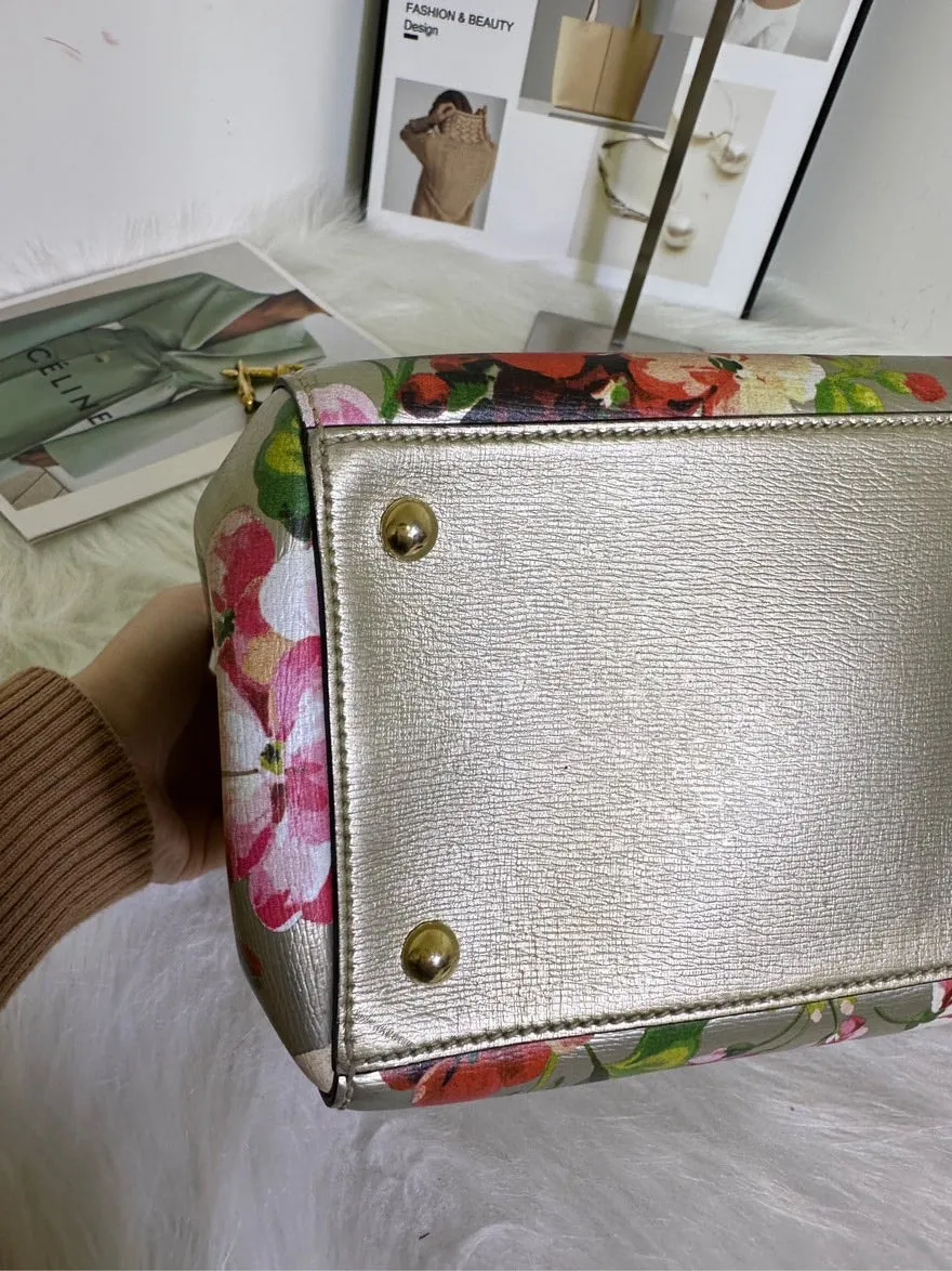 Preloved Gucci Bamboo Handle Floral Metallic Leather Satchel Bag