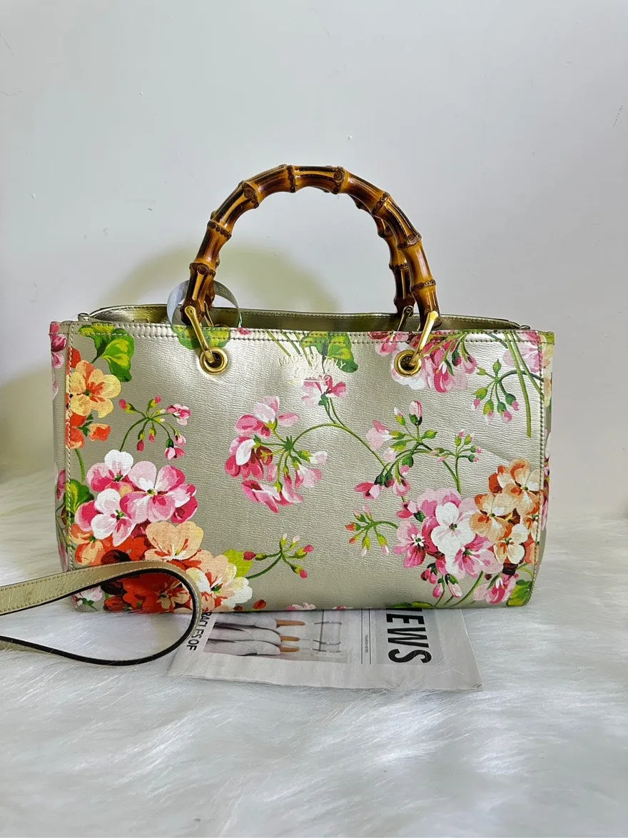 Preloved Gucci Bamboo Handle Floral Metallic Leather Satchel Bag