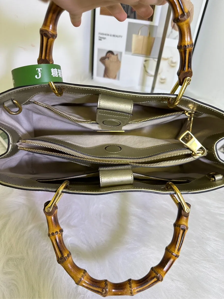 Preloved Gucci Bamboo Handle Floral Metallic Leather Satchel Bag