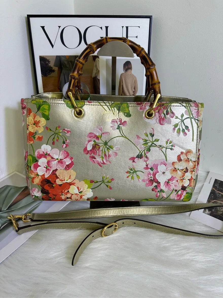 Preloved Gucci Bamboo Handle Floral Metallic Leather Satchel Bag