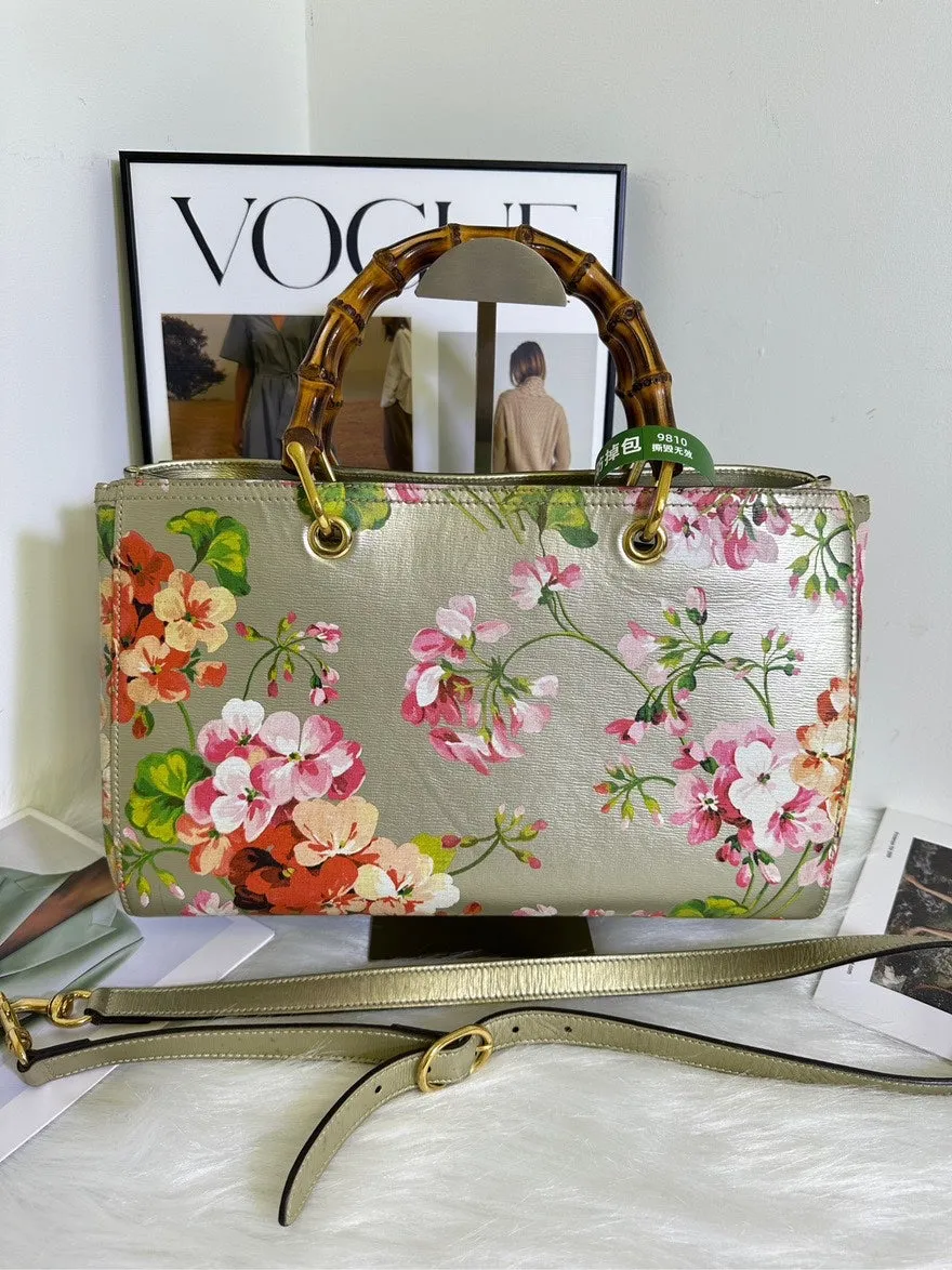 Preloved Gucci Bamboo Handle Floral Metallic Leather Satchel Bag