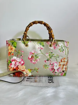 Preloved Gucci Bamboo Handle Floral Metallic Leather Satchel Bag