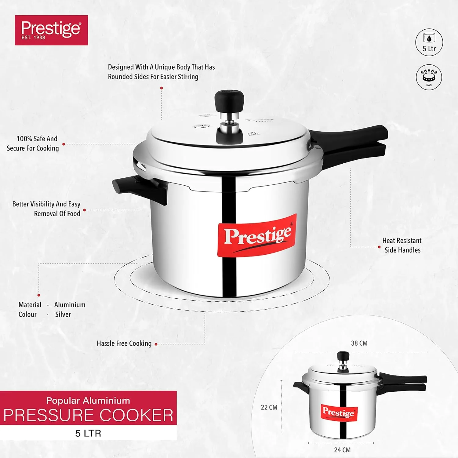 Prestige Popular Aluminum Pressure Cooker, 5 L, Silver