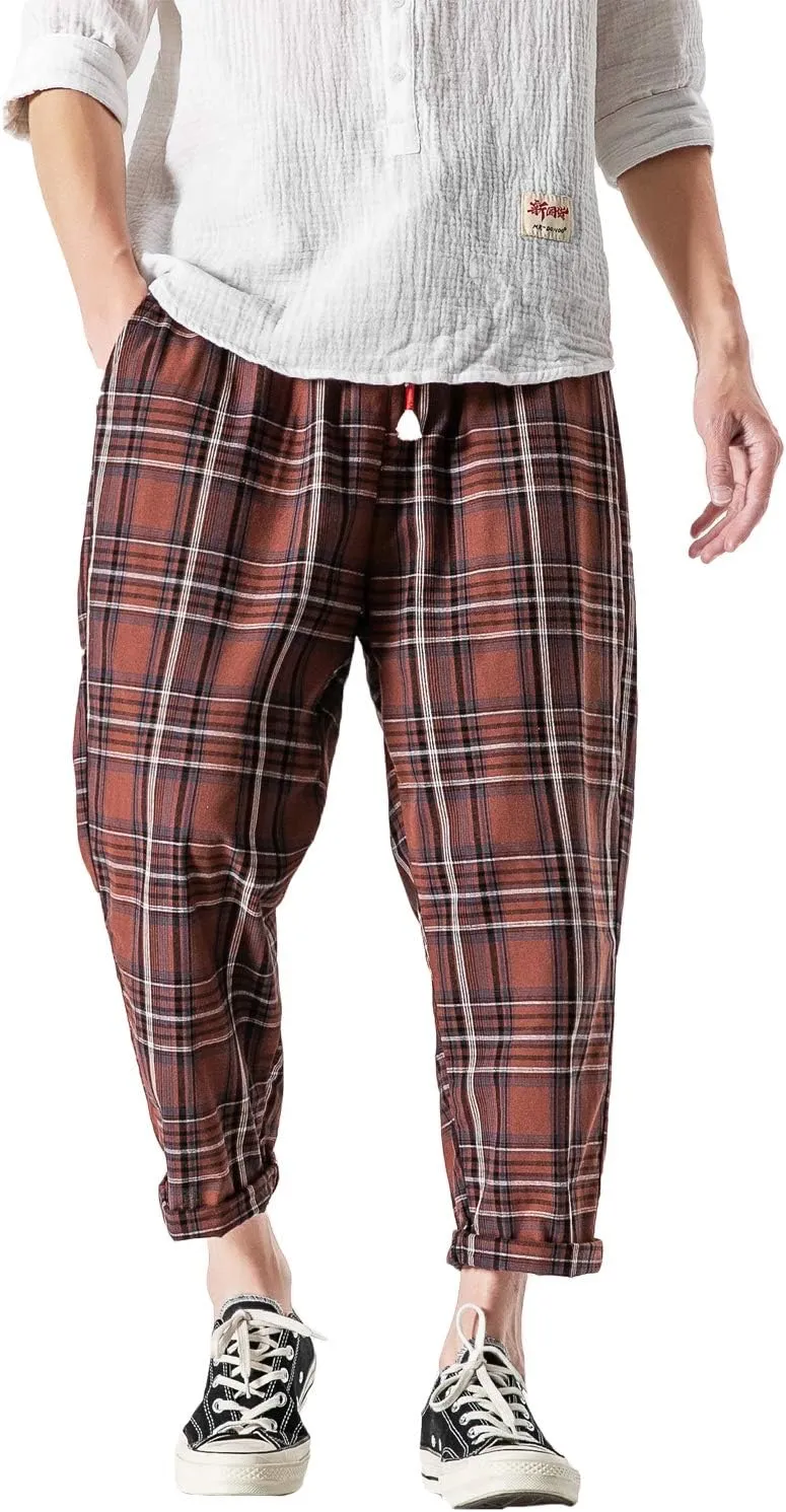 PRIJOUHE Men's Casual Capri Pants Elastic Waist Wide Leg Loose Baggy Harem Pants Breathable Summer Beach Pants