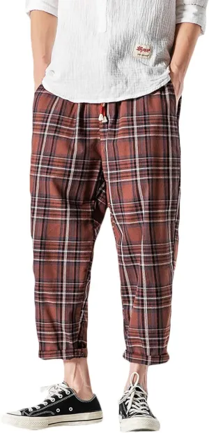 PRIJOUHE Men's Casual Capri Pants Elastic Waist Wide Leg Loose Baggy Harem Pants Breathable Summer Beach Pants