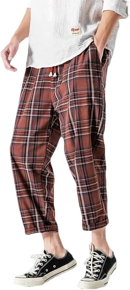 PRIJOUHE Men's Casual Capri Pants Elastic Waist Wide Leg Loose Baggy Harem Pants Breathable Summer Beach Pants