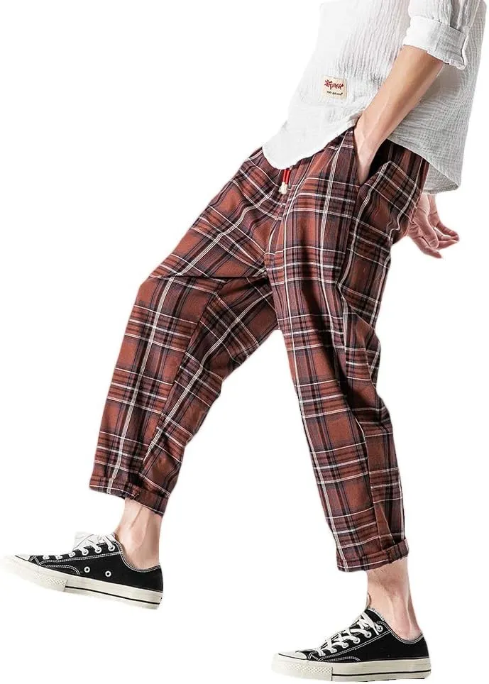 PRIJOUHE Men's Casual Capri Pants Elastic Waist Wide Leg Loose Baggy Harem Pants Breathable Summer Beach Pants