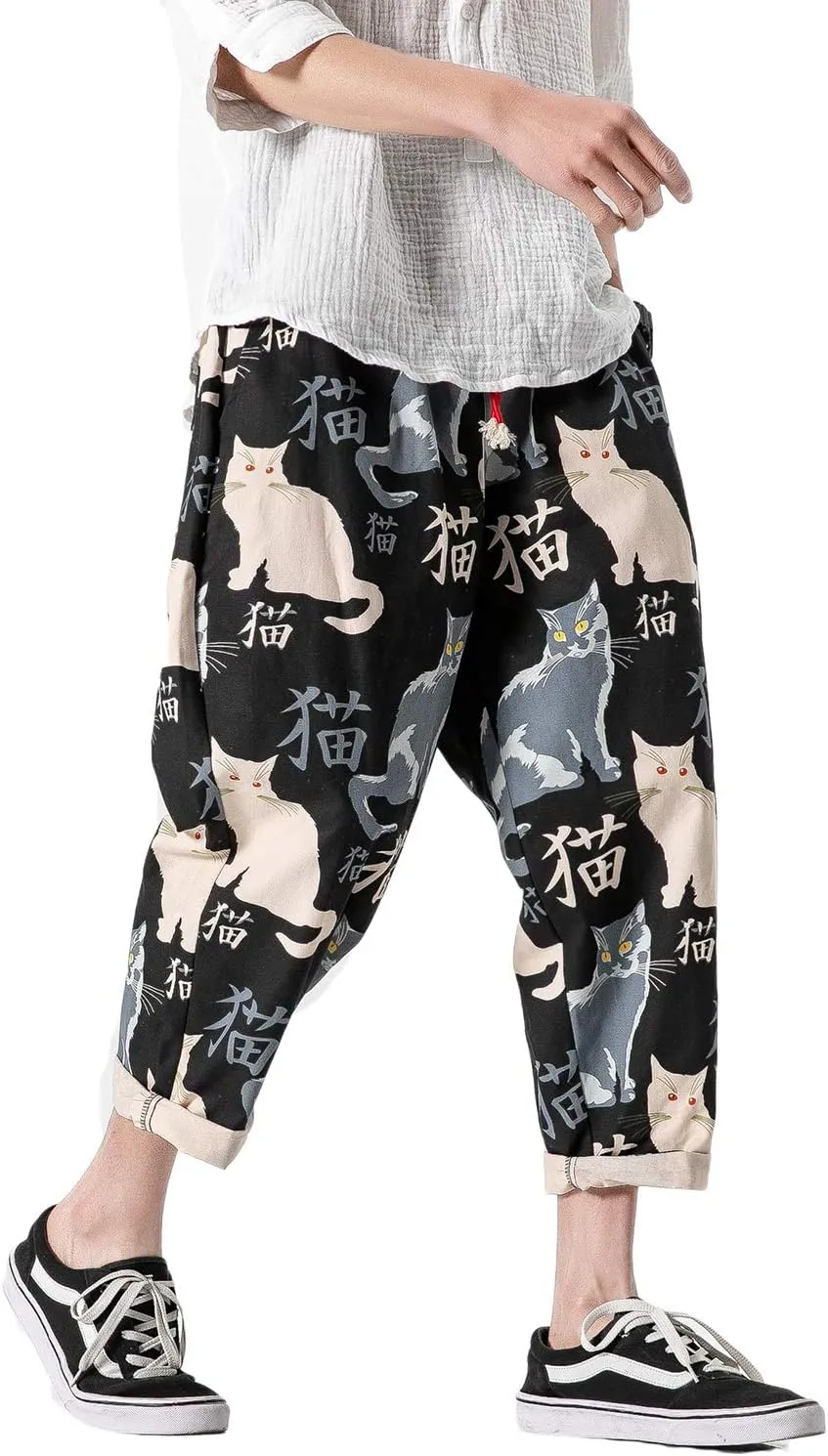 PRIJOUHE Men's Casual Capri Pants Elastic Waist Wide Leg Loose Baggy Harem Pants Breathable Summer Beach Pants