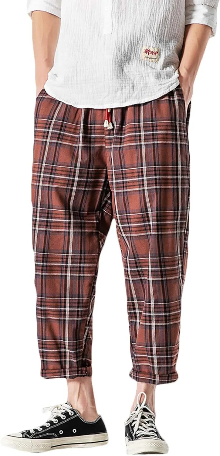 PRIJOUHE Men's Casual Capri Pants Elastic Waist Wide Leg Loose Baggy Harem Pants Breathable Summer Beach Pants
