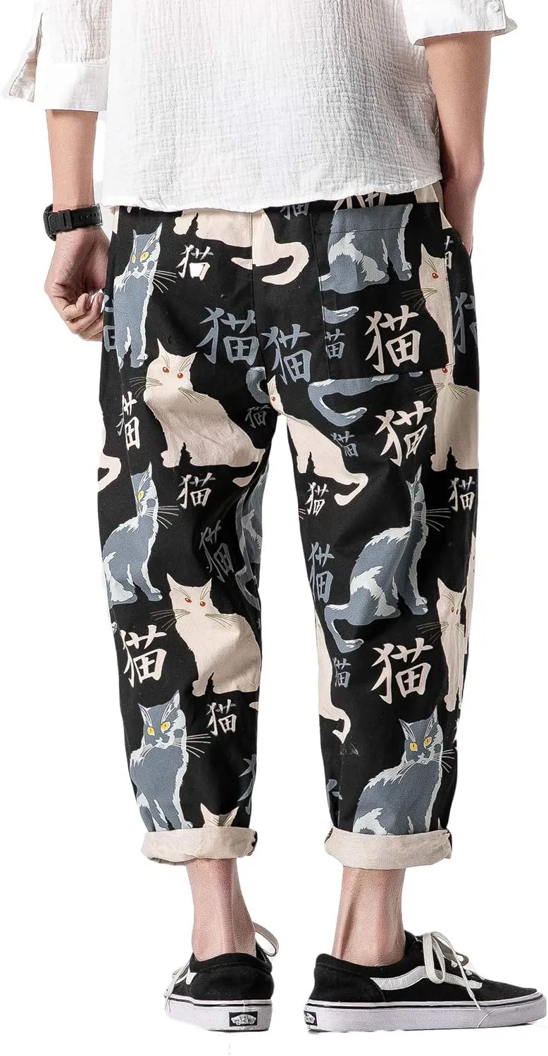 PRIJOUHE Men's Casual Capri Pants Elastic Waist Wide Leg Loose Baggy Harem Pants Breathable Summer Beach Pants