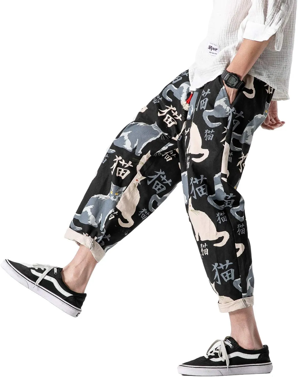 PRIJOUHE Men's Casual Capri Pants Elastic Waist Wide Leg Loose Baggy Harem Pants Breathable Summer Beach Pants