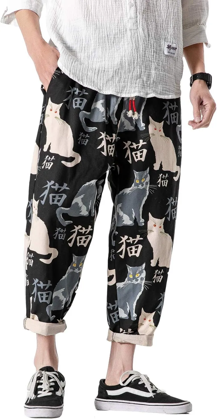 PRIJOUHE Men's Casual Capri Pants Elastic Waist Wide Leg Loose Baggy Harem Pants Breathable Summer Beach Pants