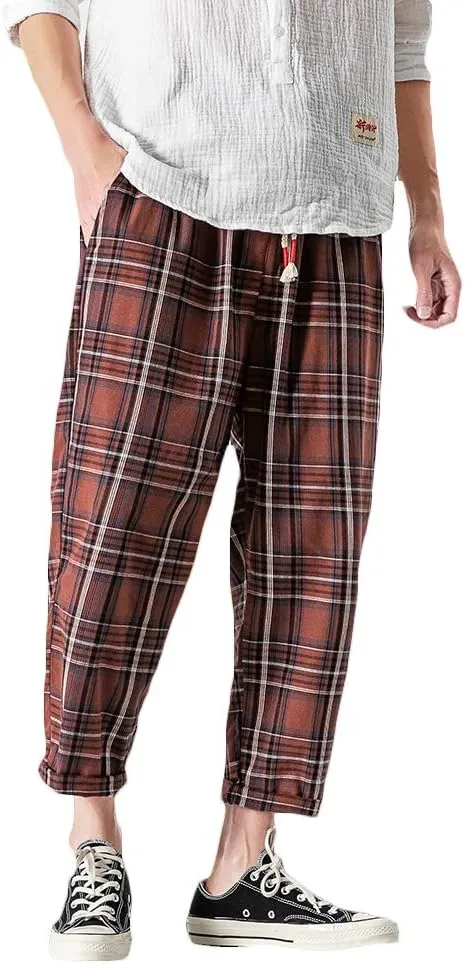 PRIJOUHE Men's Casual Capri Pants Elastic Waist Wide Leg Loose Baggy Harem Pants Breathable Summer Beach Pants