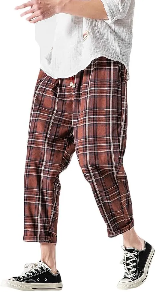 PRIJOUHE Men's Casual Capri Pants Elastic Waist Wide Leg Loose Baggy Harem Pants Breathable Summer Beach Pants