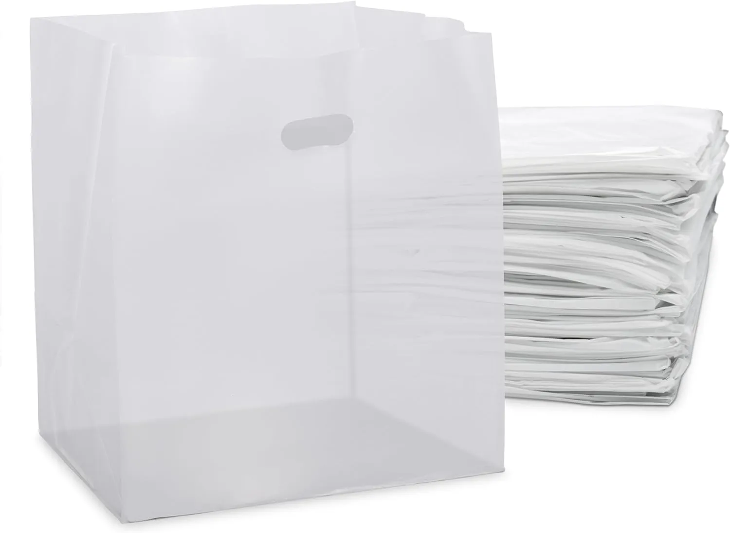 Prime Line Packaging White Plastic Bags with Die Cut Handles for Restaurants, Food To Go, Bread, Take Out Goodie, Small Business, Bulk, 13x10x15 100 Pack