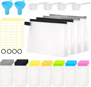 Protein Powder Container To Go, 25Pcs Protein Powder Travel Containers Set Include 21Pcs Single Dose Bags and 4Pcs Large Zip Up Bags, 2Pcs Funnels, 4Pcs Spoons and Sheet Labels, Spring Buckle