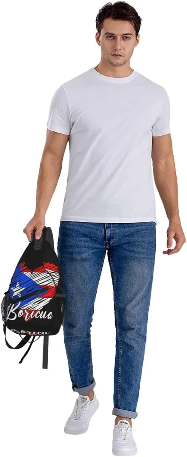 Puerto Rican Boricua Puerto Rico Heart Cross Chest Bag Crossbody Bags Sling Backpack Gym Shoulder Bags Sports Fanny Pack Adjustable Travel Daypack Diagonally Casual Rucksack