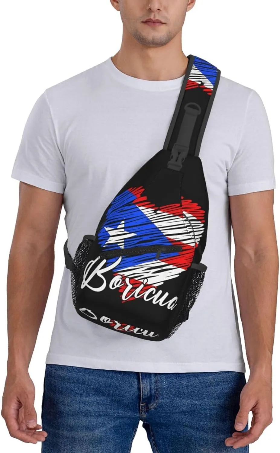 Puerto Rican Boricua Puerto Rico Heart Cross Chest Bag Crossbody Bags Sling Backpack Gym Shoulder Bags Sports Fanny Pack Adjustable Travel Daypack Diagonally Casual Rucksack