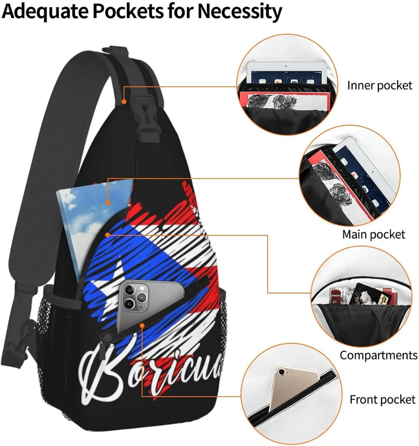 Puerto Rican Boricua Puerto Rico Heart Cross Chest Bag Crossbody Bags Sling Backpack Gym Shoulder Bags Sports Fanny Pack Adjustable Travel Daypack Diagonally Casual Rucksack