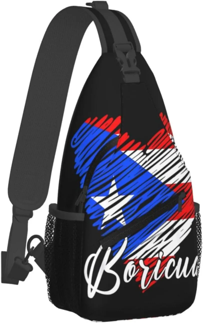 Puerto Rican Boricua Puerto Rico Heart Cross Chest Bag Crossbody Bags Sling Backpack Gym Shoulder Bags Sports Fanny Pack Adjustable Travel Daypack Diagonally Casual Rucksack