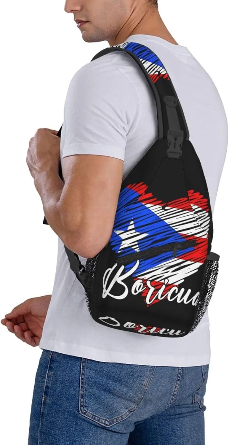 Puerto Rican Boricua Puerto Rico Heart Cross Chest Bag Crossbody Bags Sling Backpack Gym Shoulder Bags Sports Fanny Pack Adjustable Travel Daypack Diagonally Casual Rucksack