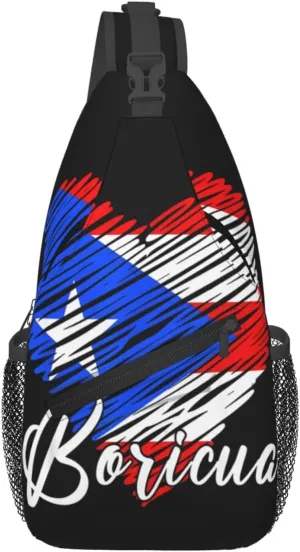 Puerto Rican Boricua Puerto Rico Heart Cross Chest Bag Crossbody Bags Sling Backpack Gym Shoulder Bags Sports Fanny Pack Adjustable Travel Daypack Diagonally Casual Rucksack