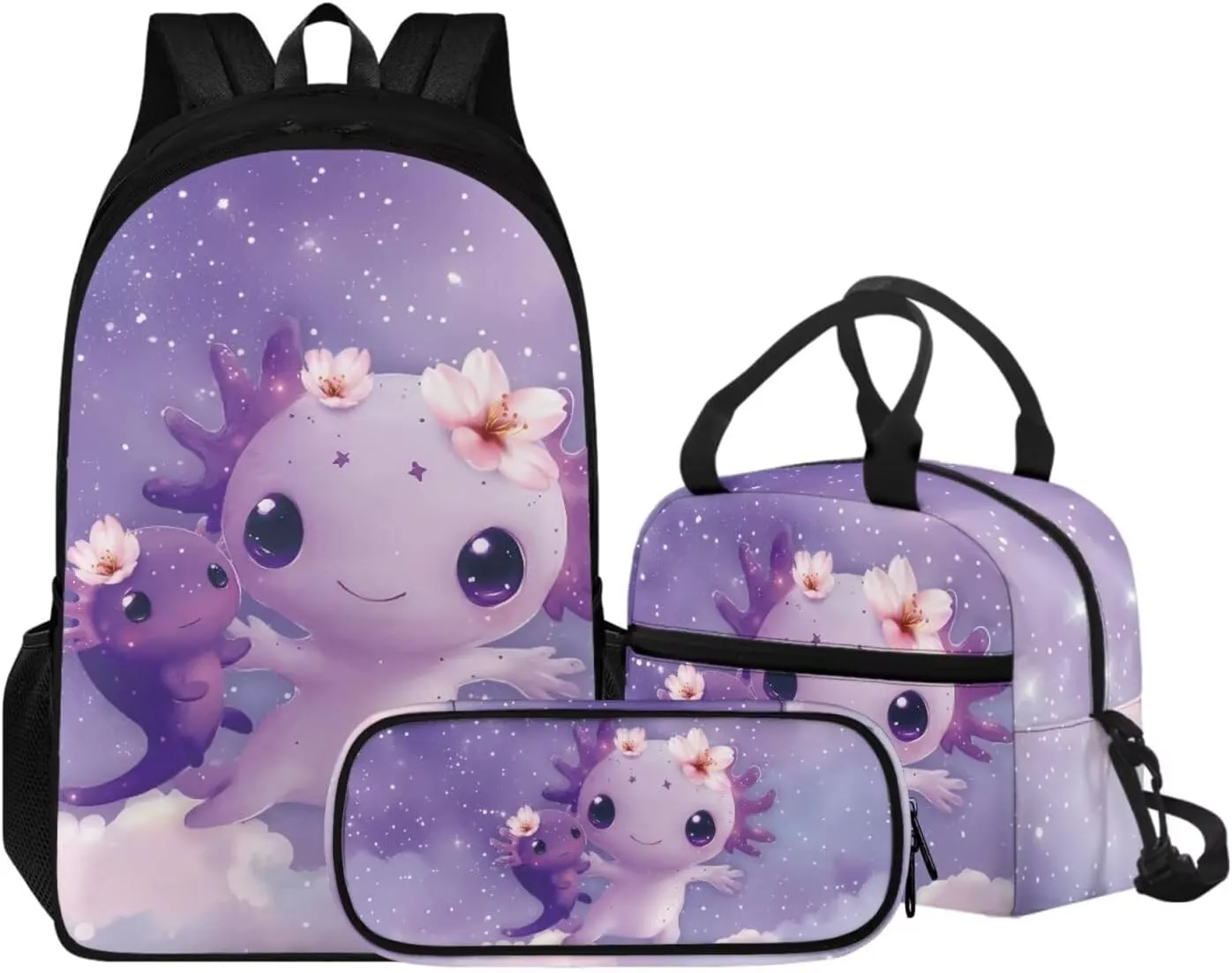 Purple Snake Axolotl Backpack for Girls Bookbag Set with Lunchbox 17 Inch 3rd Grade School Bag Ages 8-9 Lightweight 3 Piece Outdoor Activity Daypack