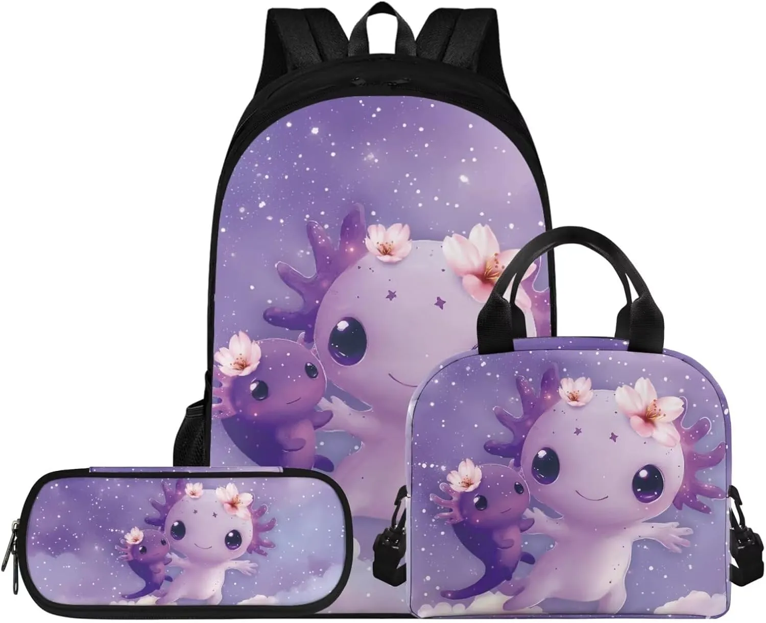 Purple Snake Axolotl Backpack for Girls Bookbag Set with Lunchbox 17 Inch 3rd Grade School Bag Ages 8-9 Lightweight 3 Piece Outdoor Activity Daypack