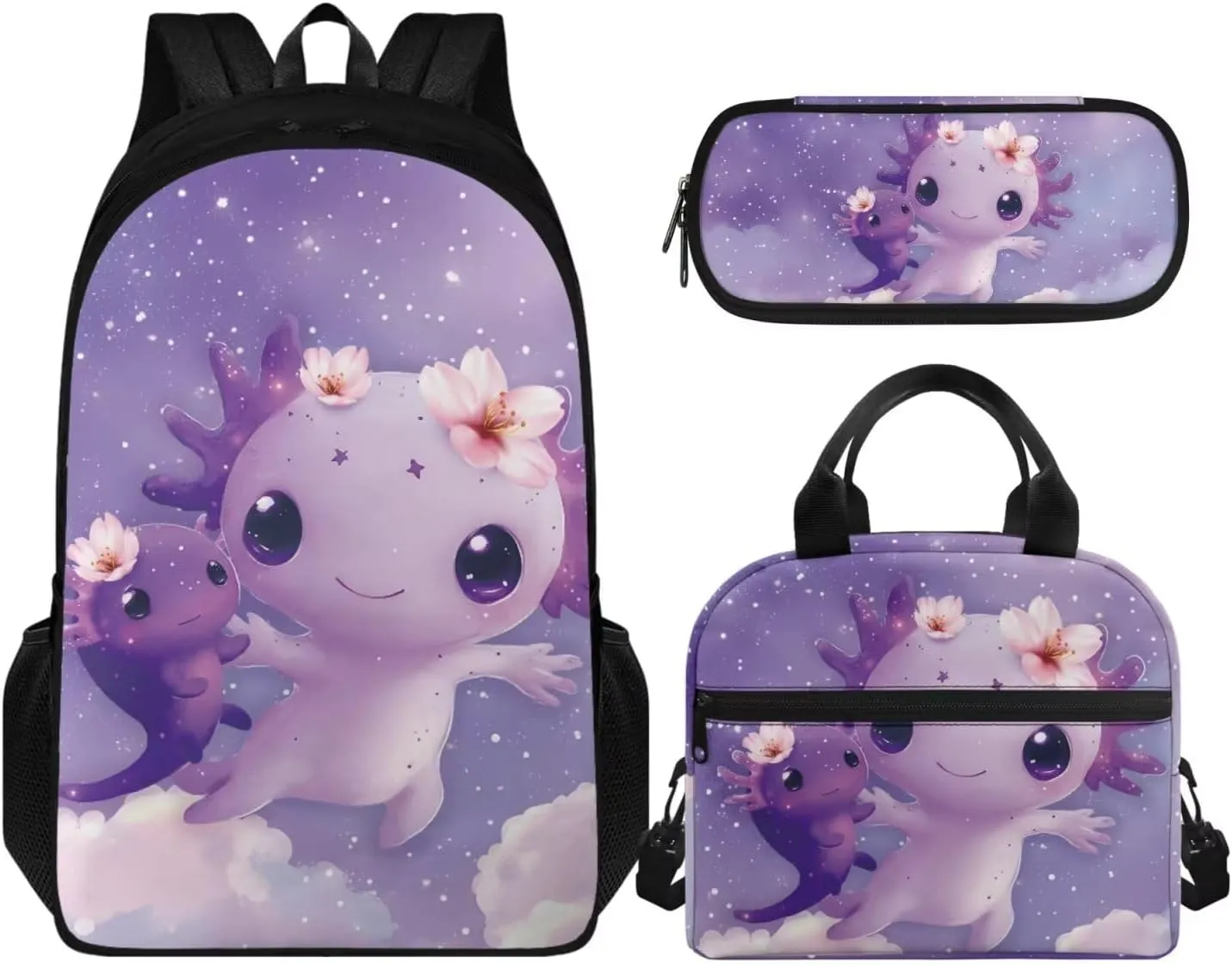 Purple Snake Axolotl Backpack for Girls Bookbag Set with Lunchbox 17 Inch 3rd Grade School Bag Ages 8-9 Lightweight 3 Piece Outdoor Activity Daypack