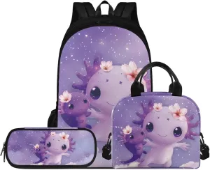 Purple Snake Axolotl Backpack for Girls Bookbag Set with Lunchbox 17 Inch 3rd Grade School Bag Ages 8-9 Lightweight 3 Piece Outdoor Activity Daypack