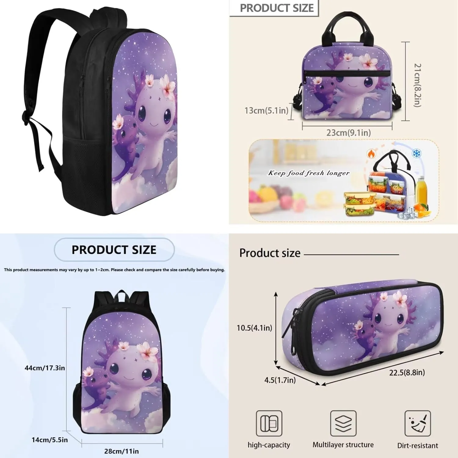 Purple Snake Axolotl Backpack for Girls Bookbag Set with Lunchbox 17 Inch 3rd Grade School Bag Ages 8-9 Lightweight 3 Piece Outdoor Activity Daypack