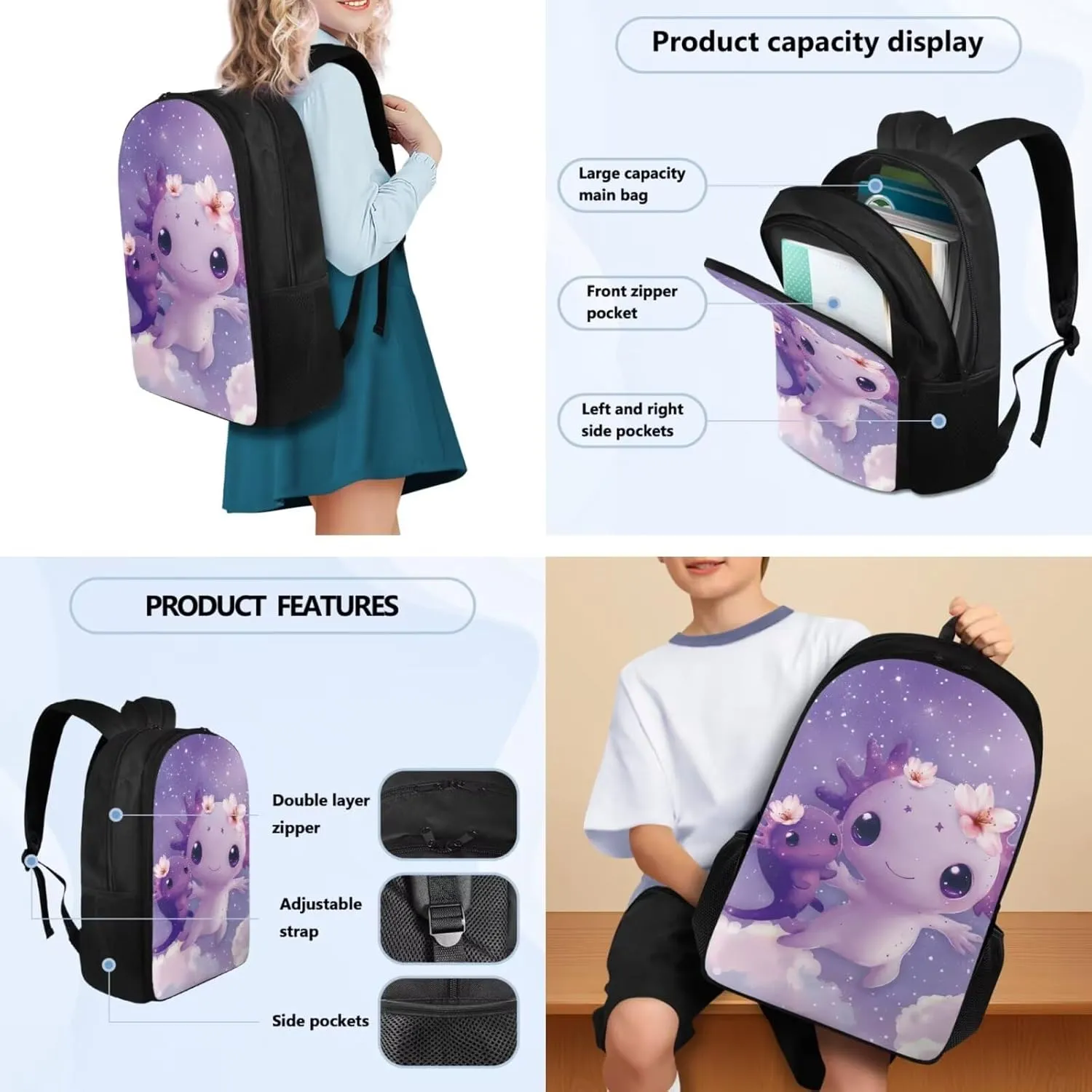 Purple Snake Axolotl Backpack for Girls Bookbag Set with Lunchbox 17 Inch 3rd Grade School Bag Ages 8-9 Lightweight 3 Piece Outdoor Activity Daypack