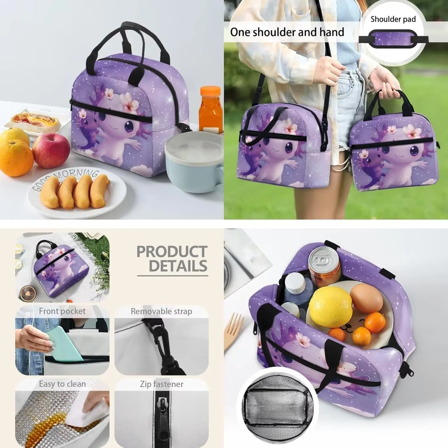 Purple Snake Axolotl Backpack for Girls Bookbag Set with Lunchbox 17 Inch 3rd Grade School Bag Ages 8-9 Lightweight 3 Piece Outdoor Activity Daypack