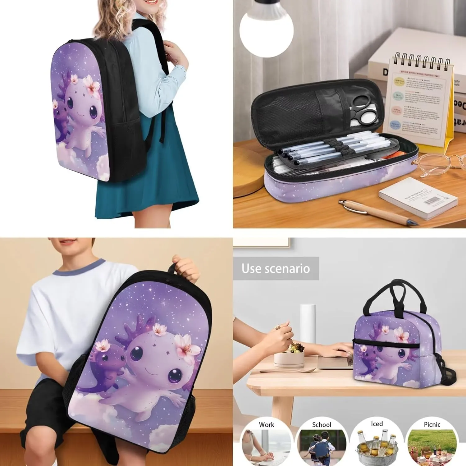 Purple Snake Axolotl Backpack for Girls Bookbag Set with Lunchbox 17 Inch 3rd Grade School Bag Ages 8-9 Lightweight 3 Piece Outdoor Activity Daypack