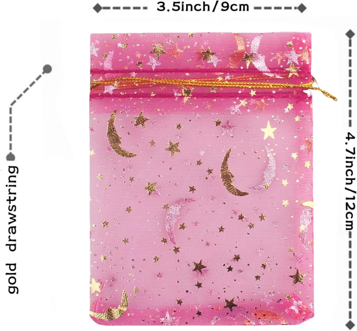 QIANHAILIZZ 100 Pack 3.5 x 4.7 Inch Moon Star Organza Jewelry Gift Pouch Candy Pouch Drawstring Wedding Favor Bags MS9 (fuchsia)