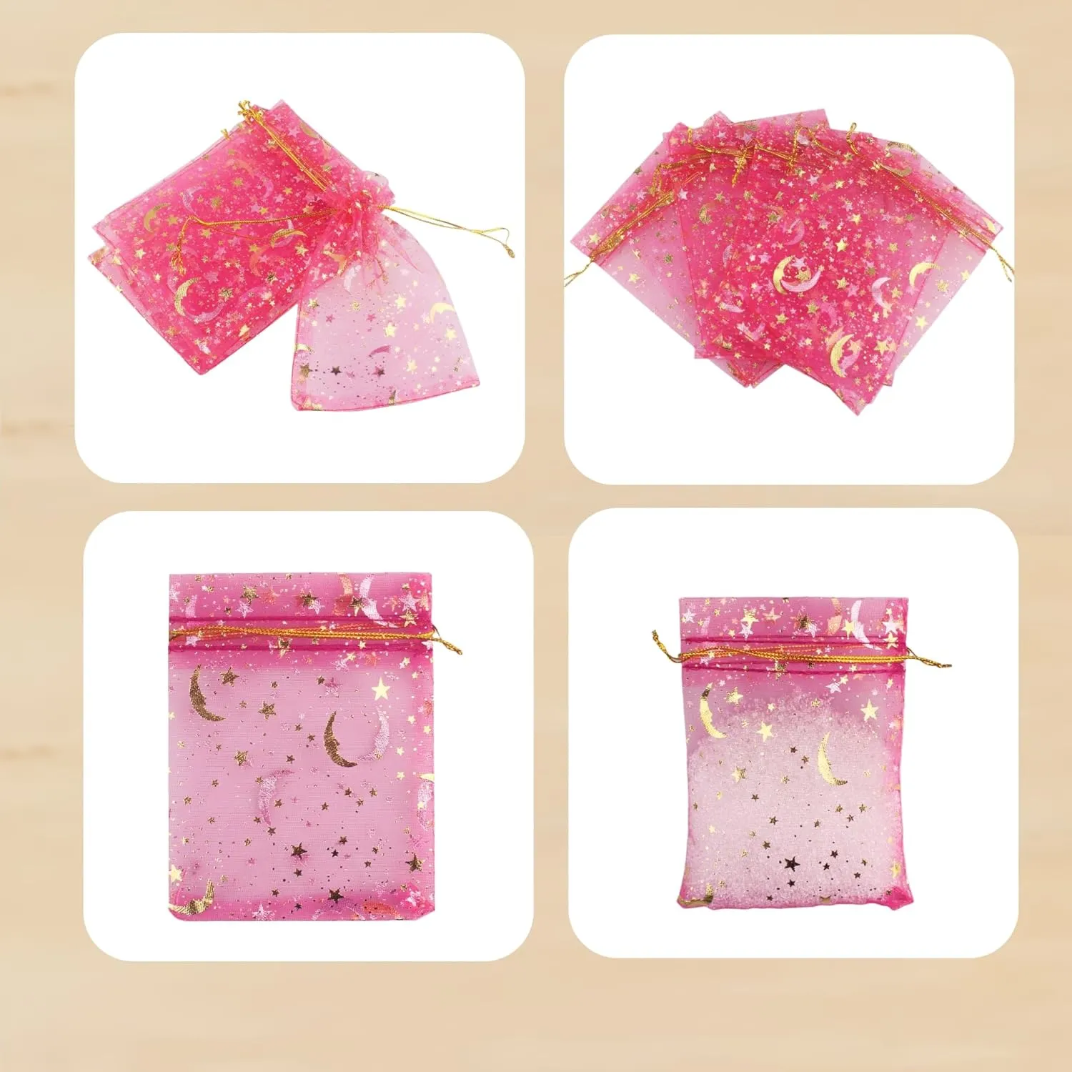 QIANHAILIZZ 100 Pack 3.5 x 4.7 Inch Moon Star Organza Jewelry Gift Pouch Candy Pouch Drawstring Wedding Favor Bags MS9 (fuchsia)