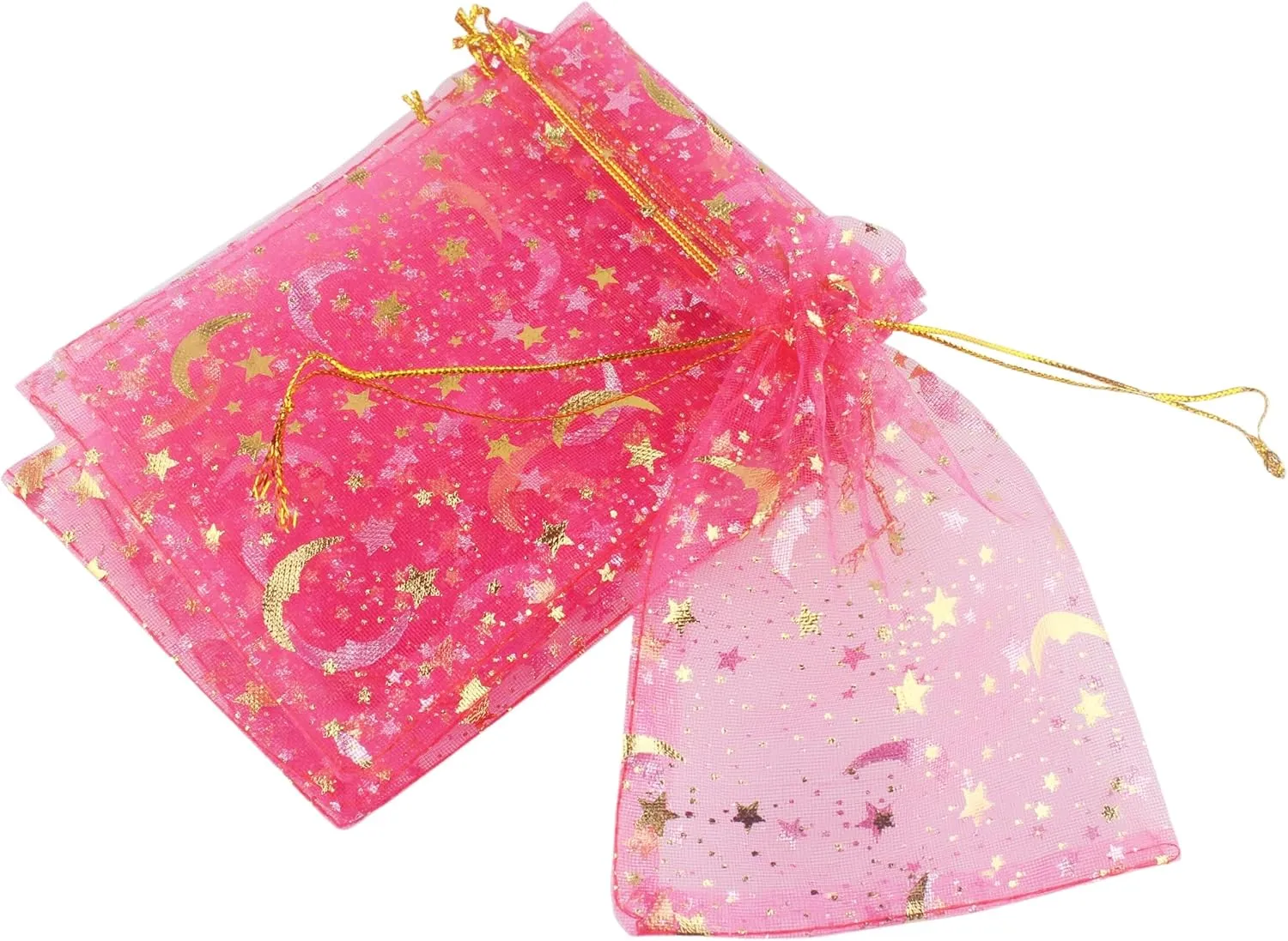QIANHAILIZZ 100 Pack 3.5 x 4.7 Inch Moon Star Organza Jewelry Gift Pouch Candy Pouch Drawstring Wedding Favor Bags MS9 (fuchsia)