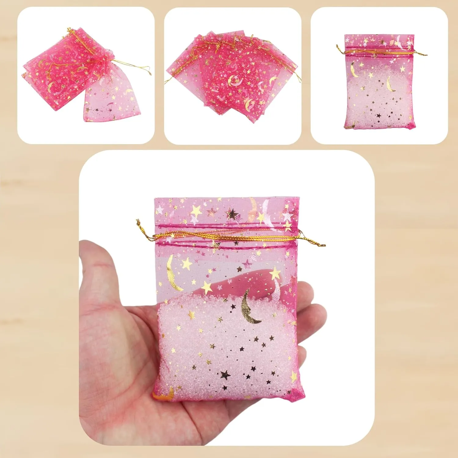 QIANHAILIZZ 100 Pack 3.5 x 4.7 Inch Moon Star Organza Jewelry Gift Pouch Candy Pouch Drawstring Wedding Favor Bags MS9 (fuchsia)